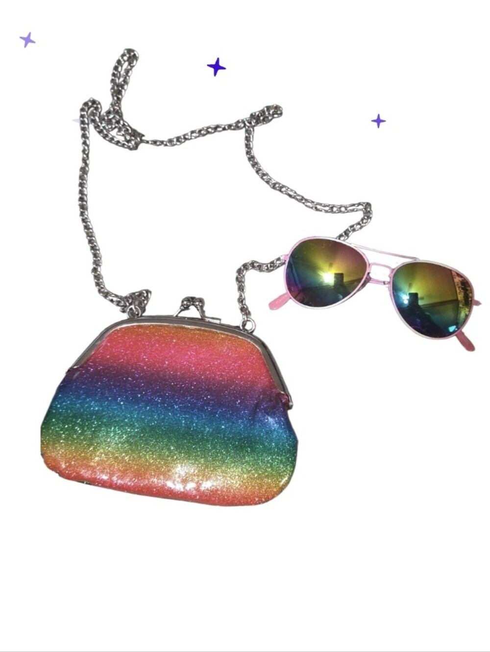 Childrens Place Rainbow Glitter Clasp Crossbody Bag & Sunglasses